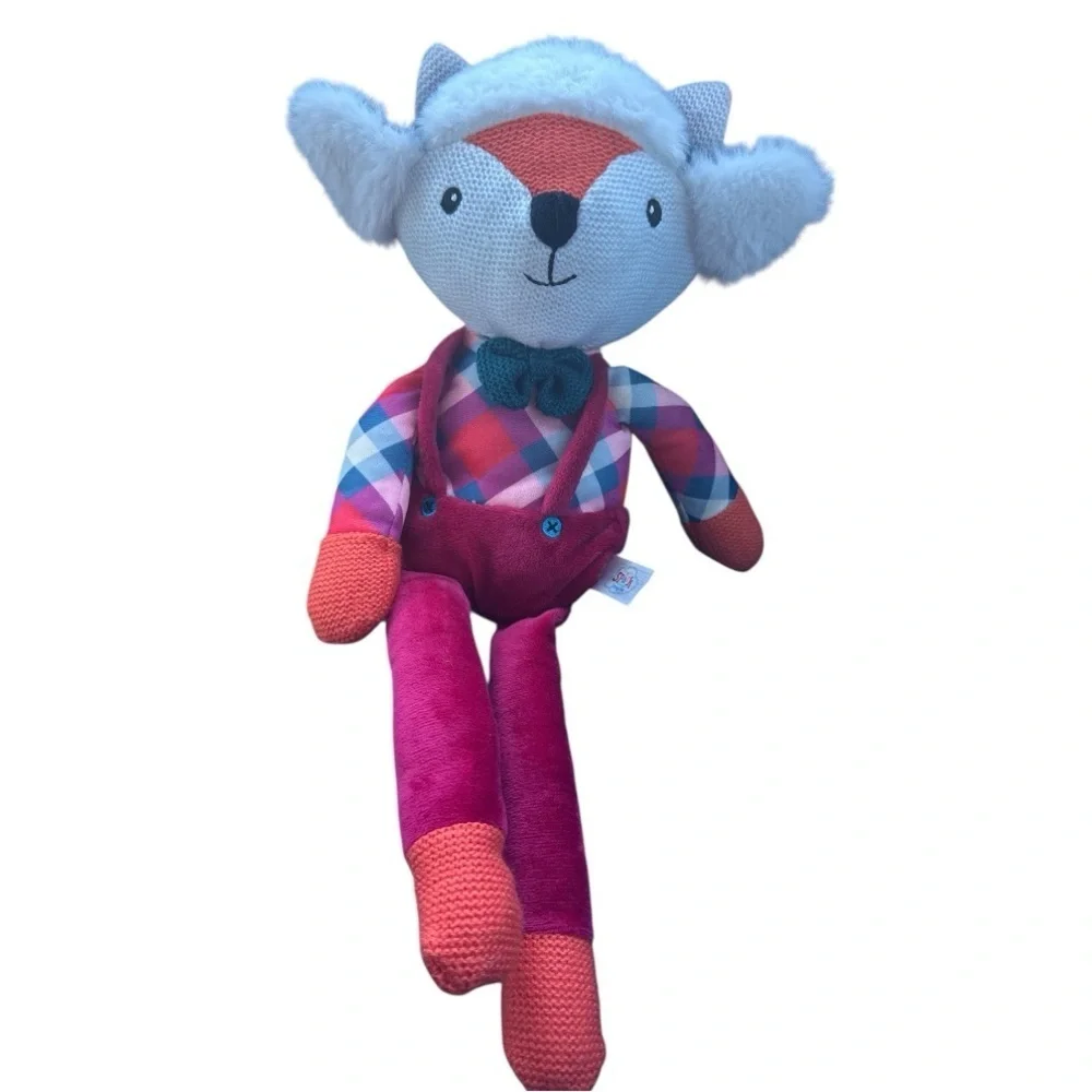 Spark imagine Adorable Plush Fox with preppy suspenders & plaid top & bow tie